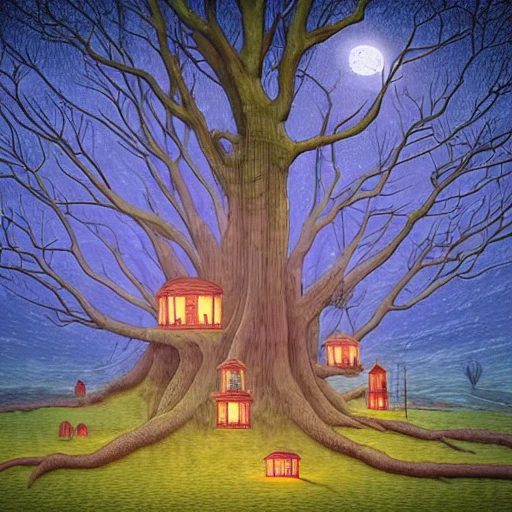 Digital painting of a surreal landscape featuring a giant tree with a house built into its trunk, surrounded by a sea of clocks. The scene is lit by a bright full moon and the tree's branches are adorned with glowing lanterns. The overall style is a mix of Caspar David Friedrich and Hayao Miyazaki's artistic styles, Trippy
