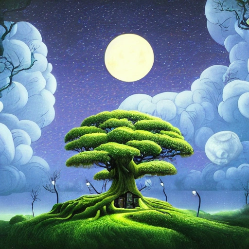 Digital painting of a surreal landscape featuring a giant tree with a house built into its trunk, surrounded by a sea of clocks. The scene is lit by a bright full moon and the tree's branches are adorned with glowing lanterns. The overall style is a mix of Caspar David Friedrich and Hayao Miyazaki's artistic styles, Trippy, Oil Painting