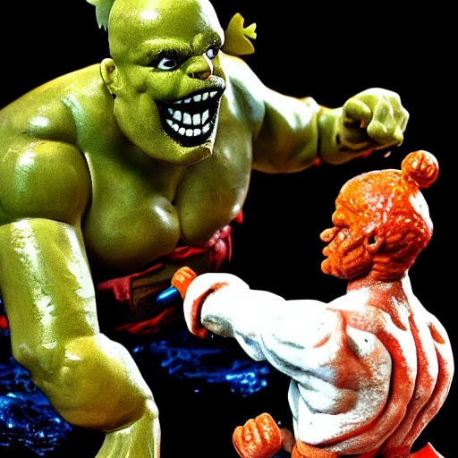 The Toxic Avenger fighting Popeye the Sailor, hyperrealistic, 50mm photography