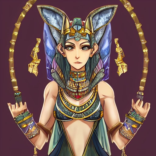 {{{octopath traveler style fantasy rpg character art of ancient egyptian goddess anubis}}}, highly detailed, {hyperrealistic upper body portrait of 30 years old woman with simple background oil colors}, wearing dress, wearing necklaces and jewelry, beautiful hair, illustrated, beautiful and detailed eyes, fit body, mysterious cleopatra, sharp focus, elegant, volumetric lighting, smooth, in style of hades videogame character art, 1woman, thick black outlines, cartoony, anime, art by artgerm, trending artstation