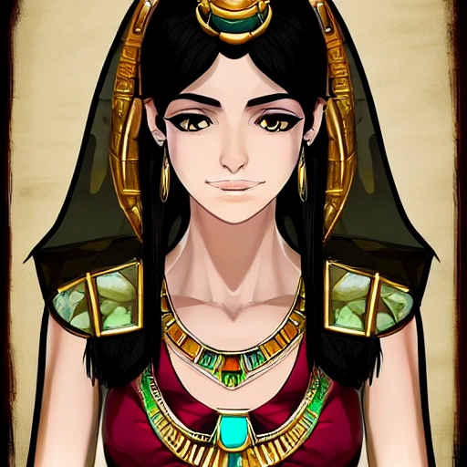 Detailed painting of a girl in traditional egyptian clothing and jewelry.  caucasian. brown eyes. straight black hair with bangs. bob style. short  sleeve dress on Craiyon