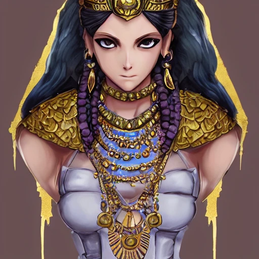 {{{octopath traveler style fantasy rpg character art of ancient queen of egypt}}}, highly detailed, {hyperrealistic upper body portrait of 30 years old middle eastern woman with simple background oil colors}, wearing dress, wearing necklaces and jewelry, beautiful hair, illustrated, beautiful and detailed eyes, fit body, mysterious goddess, sharp focus, elegant, volumetric lighting, smooth, in style of hades videogame character art, 1woman, thick black outlines, cartoony, anime, art by artgerm, trending artstation