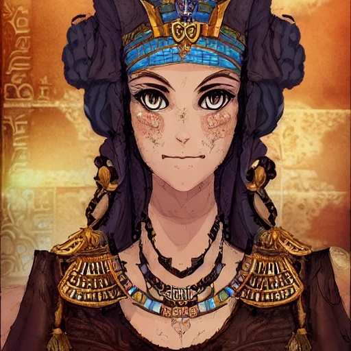 {{{octopath traveler style fantasy rpg character art of ancient queen of egypt}}}, highly detailed, {hyperrealistic upper body portrait of 30 years old middle eastern woman with simple background oil colors}, wearing dress, wearing necklaces and jewelry, beautiful hair, illustrated, beautiful and detailed eyes, fit body, mysterious goddess, sharp focus, elegant, volumetric lighting, smooth, in style of hades videogame character art, 1woman, thick black outlines, cartoony, anime, art by artgerm, trending artstation