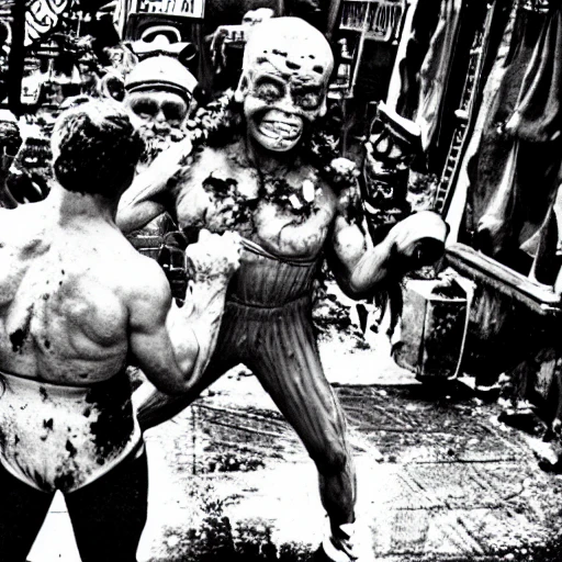 The Toxic Avenger fighting Popeye the Sailor, 50mm photography, extremely high detail, Tromaville Grindhouse