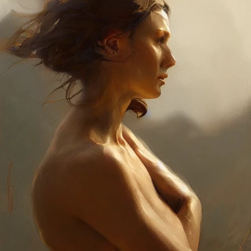 Sideview Naked beautiful woman, by Greg Rutkowski, Detailed and Intricate, Oil Paint, , Landscape, Dynamic Lighting