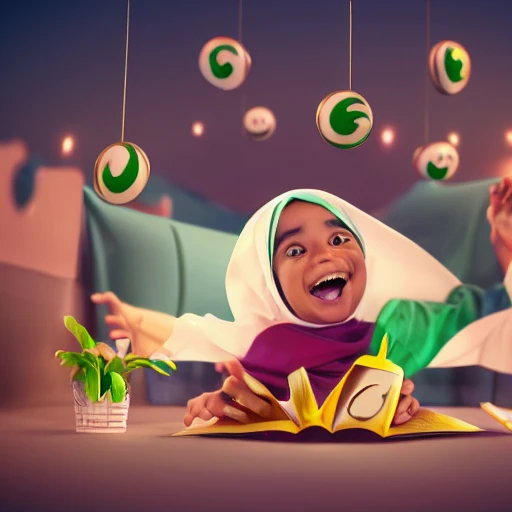 illustration of Muslim morals, positive behavior, happy, smiling, octane render 