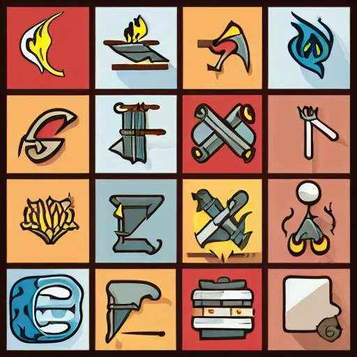 a collection of detailed icons, icon is centered, framed within a rounded-square background of flat colors, hand-drawn art, icons are of fire spells, flames, and fire arrows