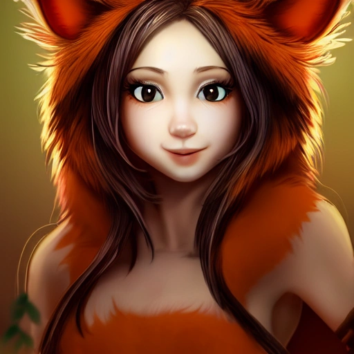 Side view,halfbody shoot ,cute forest Girl 18yo,little bit smile,orange, lights, muse, flirty,cape fur with fox ears,powerful, strong, studio lighting, glow, shadows, soft lighting, white light, close-up, light glowing tribal makeup, surreal, high resolution, detailed, 3D