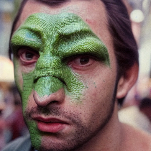 long shot character portrait of a man with lizard facial features, scales, green skin, sci-fi, space opera, 1960s, 60s, colorized photo, 35mm lens, iso 400, shallow depth of field, candid photography, street photography, by alejandro jodorowsky and wes anderson, 3D