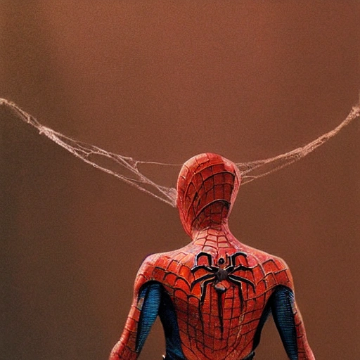 Spider Man, silver bronze age, hyperrealistic macro photo by Wlop and Zdzislaw Beksinski, 3D