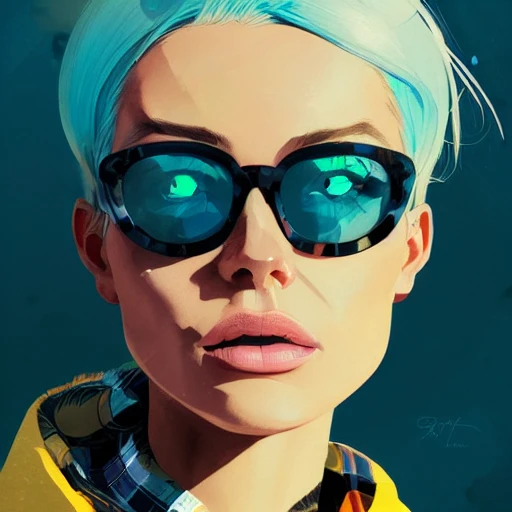 highly detailed portrait of halo, sunglasses, blue eyes, tartan scarf, white hair by atey ghailan, by greg rutkowski, by greg tocchini, by james gilleard, by joe fenton, by kaethe butcher, gradient yellow, black, brown and magenta color scheme, grunge aesthetic!!! graffiti tag wall background