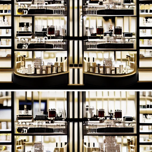 a perfume store for a brand named Gullmit. Show the Gullmit logo in gold. White, black and gold color theme. Hyper detailed, 8k