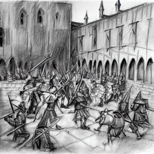 medieval battle in a courtyard , Pencil Sketch
