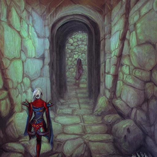 drow elf, shadar kai, assassins, tunnel, Oil Painting