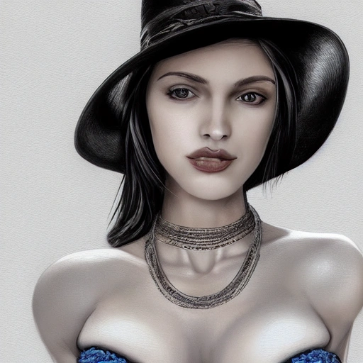 hyper realistic portrait of hot sexy girl, having a nice hat and cap, a choker and luxurious necklaces, slender and slim, perfect naked breast, detailed eyes, coherent symmetrical face, blue eyes, full body, digital art, perfect anatomy, hyper detailed, highly intricate, concept art, award winning photograph, rim lighting, sharp focus, 8k resolution wallpaper, smooth, denoise
