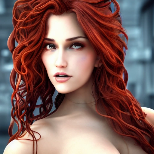 closeup portrait of a sexy girl, windblown red wavy hair, steampunk city in the background, professional studio lighting, very detailed, 8k, trending on artstation