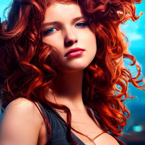 closeup portrait of a sexy girl, windblown red wavy hair, steampunk city in the background, professional studio lighting, very detailed, 8k, trending on artstation