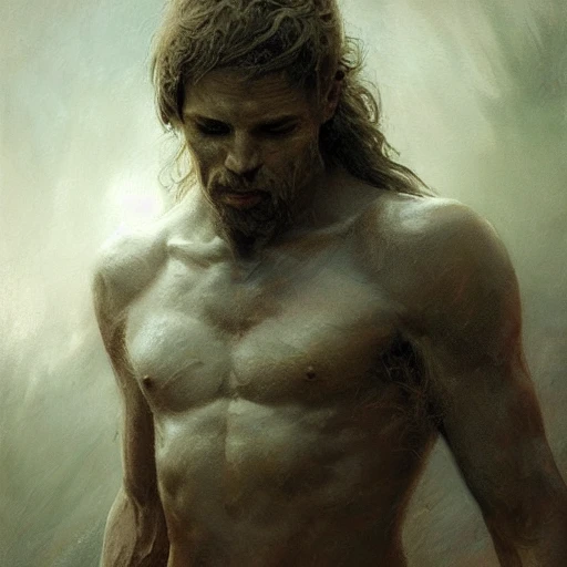 the male warrior, transforming beast, long hair, gloomy atmosphere, global illumination, subsurface scattering, medium close-up shot, intricate complexity, tenebroso, detailed acrylic, photorealistic, 8k, very coherent, sharp focus, by craig mullins, gaston bussiere, beksinski