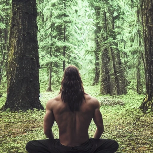 the male warrior, long hair, meditation in the forest