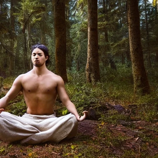 the male warrior, long hair, meditation in the forest