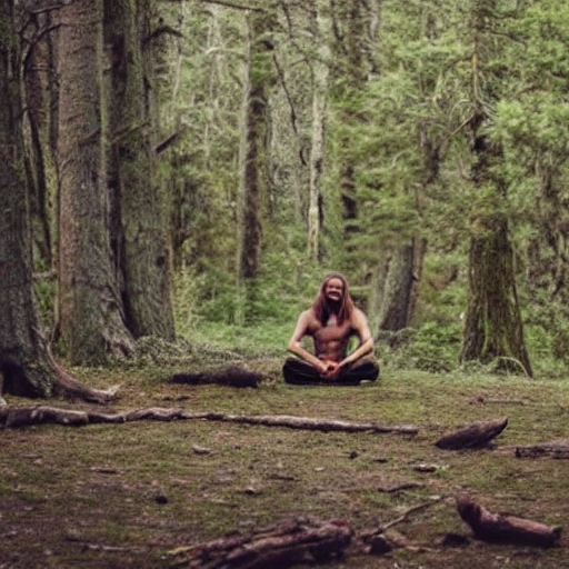 the male warrior, long hair, meditation in the forest, wolfs sitting around