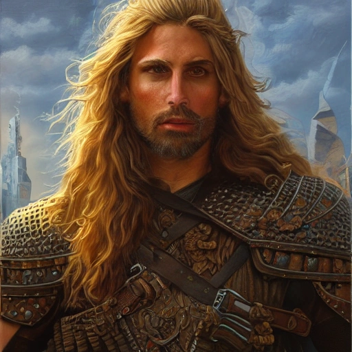 the male warrior, long hair, analog style, male warrior, middle ...