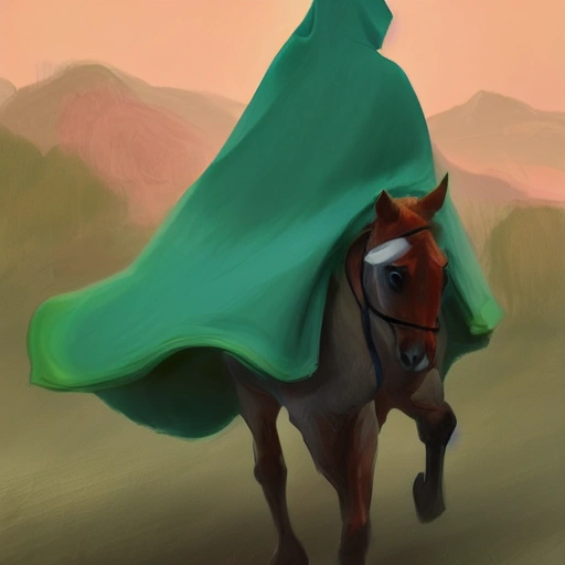 a girl on a horse with a green hood and cloak, escaping fast, disney concept artists, fantasy concept, trending on artstation, digital art, character concept, illustration, disney style, Oil Painting