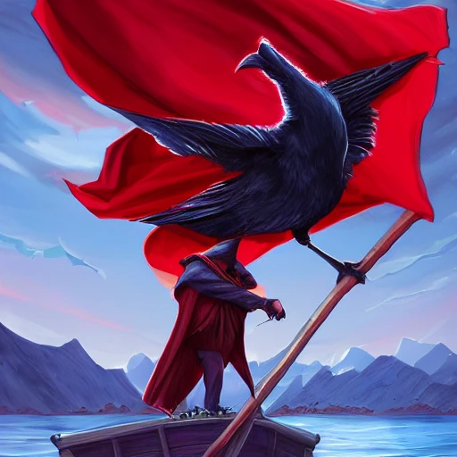 a men whit raven face on a boat with a red hood and cloak, escaping fast, fantasy concept, trending on artstation, digital art, character concept, illustration, disney style, Oil Painting