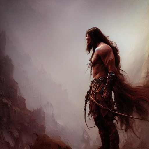 the male warrior,  long hair, gloomy atmosphere, global illumination, subsurface scattering, medium close-up shot, intricate complexity, tenebroso, detailed acrylic, photorealistic, 8k, very coherent, sharp focus, by craig mullins, gaston bussiere, beksinski