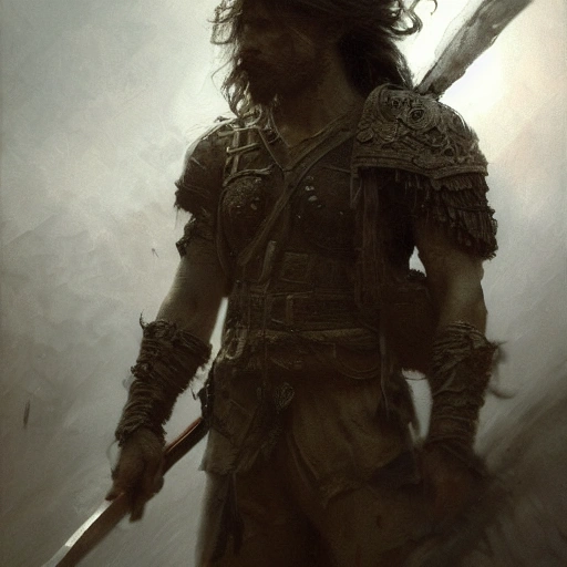 the male warrior,  long hair, gloomy atmosphere, global illumination, subsurface scattering, medium close-up shot, intricate complexity, tenebroso, detailed acrylic, photorealistic, 8k, very coherent, sharp focus, by craig mullins, gaston bussiere, beksinski