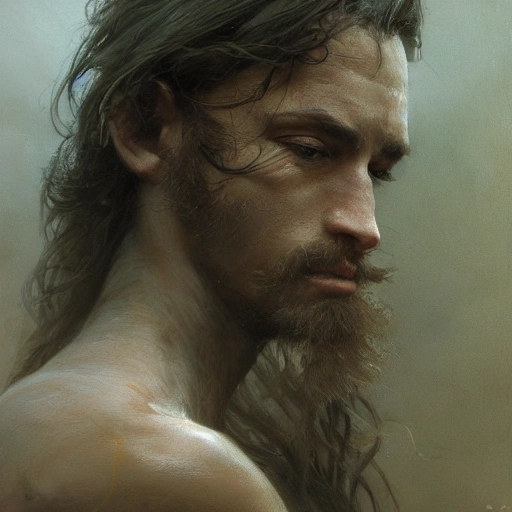 the male warrior,  long hair, gloomy atmosphere, global illumination, subsurface scattering, medium close-up shot, intricate complexity, tenebroso, detailed acrylic, photorealistic, 8k, very coherent, sharp focus, by craig mullins, gaston bussiere, beksinski