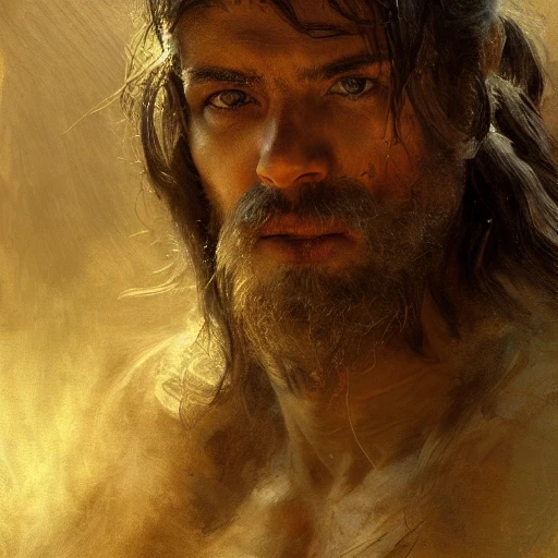 the male warrior,  long hair, gloomy atmosphere, global illumination, subsurface scattering, medium close-up shot, intricate complexity, tenebroso, detailed acrylic, photorealistic, 8k, very coherent, sharp focus, by craig mullins, gaston bussiere, beksinski