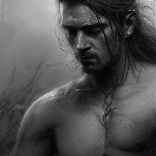 the male warrior,  long hair, gloomy atmosphere, global illumination, subsurface scattering, medium close-up shot, intricate complexity, tenebroso, detailed acrylic, photorealistic, 8k, very coherent, sharp focus, by craig mullins, gaston bussiere, beksinski