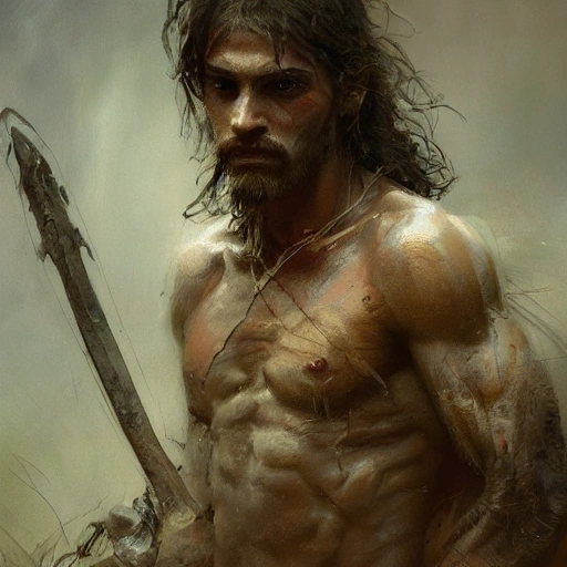 the male warrior,  long hair, gloomy atmosphere, global illumination, subsurface scattering, medium close-up shot, intricate complexity, tenebroso, detailed acrylic, photorealistic, 8k, very coherent, sharp focus, by craig mullins, gaston bussiere, beksinski