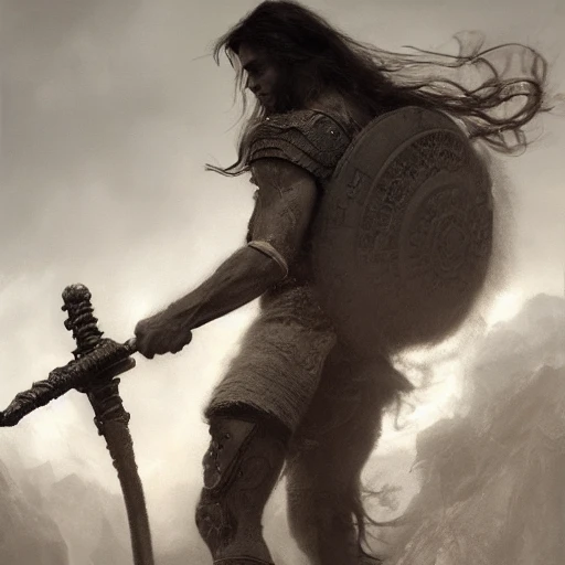 the male warrior,  long hair, gloomy atmosphere, global illumination, subsurface scattering, medium close-up shot, intricate complexity, tenebroso, detailed acrylic, photorealistic, 8k, very coherent, sharp focus, by craig mullins, gaston bussiere, beksinski