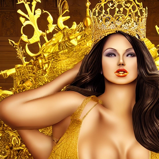 naked beauty queen in golden castel, 3D,