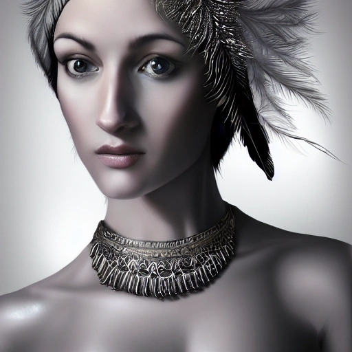 hyper realistic portrait of sexy girl, having a feather cap, a choker and luxurious necklaces, slender and slim, perfect naked breast, detailed eyes, coherent symmetrical face, digital art, perfect anatomy, hyper detailed, highly intricate, concept art, award winning photograph, rim lighting, sharp focus, 8k resolution wallpaper, smooth, denoise