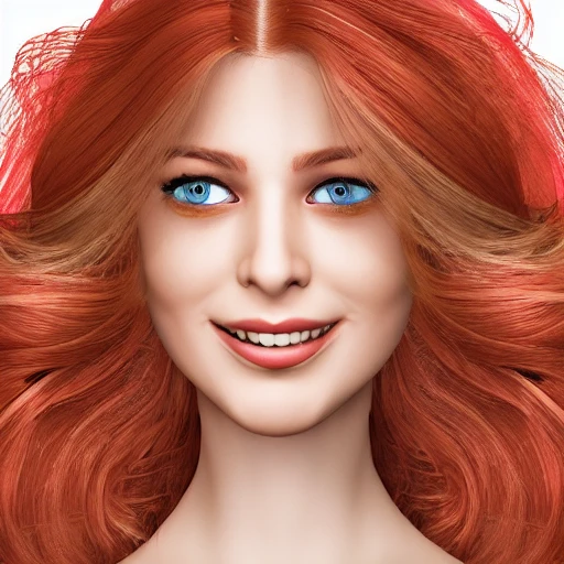 donna bellissima in primo piano, capelli ondulati, capelli castani, occhi azzurri, occhiali tondi, sorriso, colorato, sfondo mare, guance rosse, 3D, Cartoon