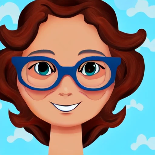 beautiful woman close-up, wavy hair, brown hair, blue eyes, round glasses, smile, colorful, sea background, red cheeks, 3D, Cartoon
, 3D