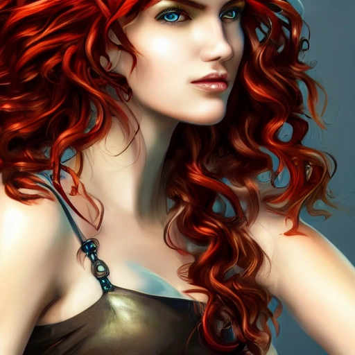 This image is a close-up portrait of a sexy girl with windblown, red wavy hair. The background features a steampunk city and the lighting is professional studio lighting. The image is very detailed and is trending on Artstation. It is also 8k resolution.