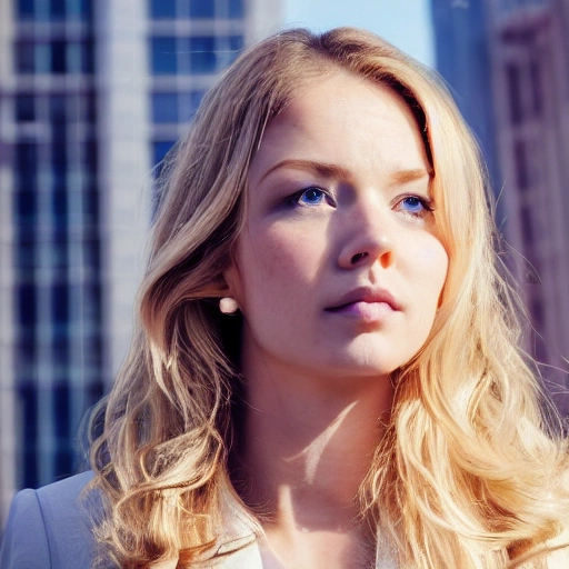 Closeup body shot , portrait of a pretty office lady, long wavy blond hair, in office suit, detailed face, looing at the viewer, offce buildings in the background, blurred background, sharp focus, intricate, photographic, award winning photograph, 8k wallpaper, professional studio llghting, trending on artstation , Feild , fresh air , Trippy