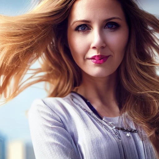 Closeup body shot , portrait of a pretty office lady, long wavy blond hair,  detailed face, looking at the viewer, office buildings in the background, blurred background, sharp focus, intricate, photographic, award-winning photograph, 8k wallpaper, professional studio lighting, trending on artstation , Feild, fresh air, Trippy