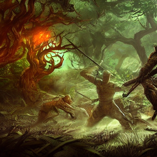 Prompt: Digital illustration of a battle scene in a fantastical forest, with detailed and intricate characters and creatures engaged in combat and beautiful lighting casting shadows on the ground, as if it were a cinematic movie poster, by popular artists Ning Zhang and Alan Baker, 4k, clean, realistic face, realistic eyes, highest quality, realistic hands, trending on artstation, masterpiece