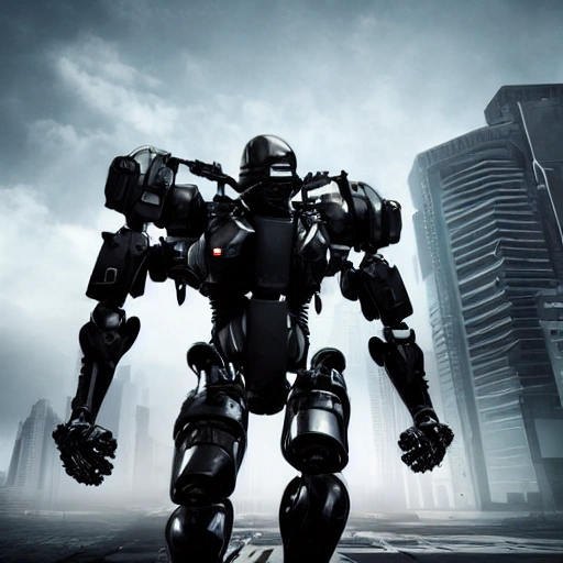 A Photorealistic full body Image of a black 3d combat robot, Dramatic, Cinematic, in a futuristic city, War Photography, wide angle shot