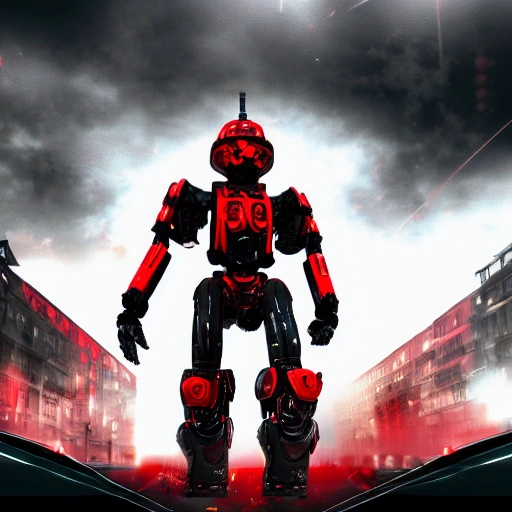 A Photorealistic full body Image of a black and red combat robot, Dramatic, Cinematic, in a futuristic city, War Photography, wide angle shot