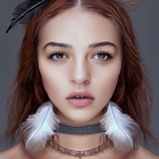 hyper realistic portrait of sexy girl, having a feather cap, a choker and luxurious necklaces, slender and slim, perfect naked breast, detailed eyes, coherent symmetrical face, digital art, perfect anatomy, hyper detailed, highly intricate, concept art, award winning photograph, rim lighting, sharp focus, 8k resolution wallpaper, smooth, denoise