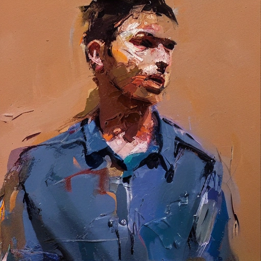 portrait, young man, full face, loose oil painting, plein air, messy brush strokes, palette knife, Sophisticated colors