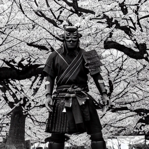 samurai, blood, headless man lay on ground, oni mask, black and white, sakura blossoms