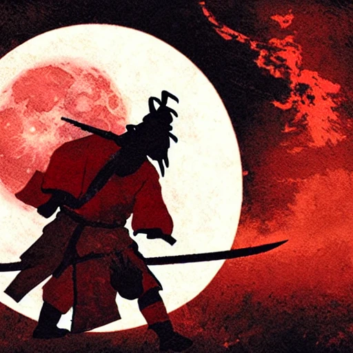 samurai with Oni mask rise his sword to the blood moon 