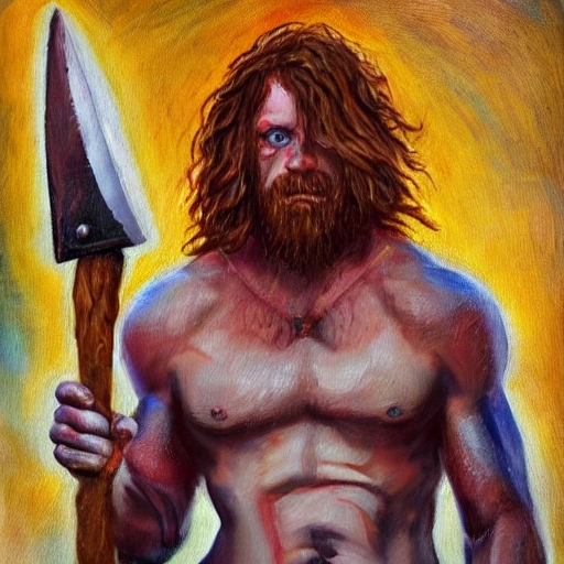 barbarian, pickaxe, vivid blue eyes, , Oil Painting, Trippy, ginger hair, long hair, muscles, strong